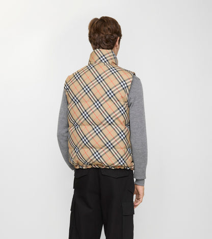 Reversible Check Puffer Gilet in Sand beige