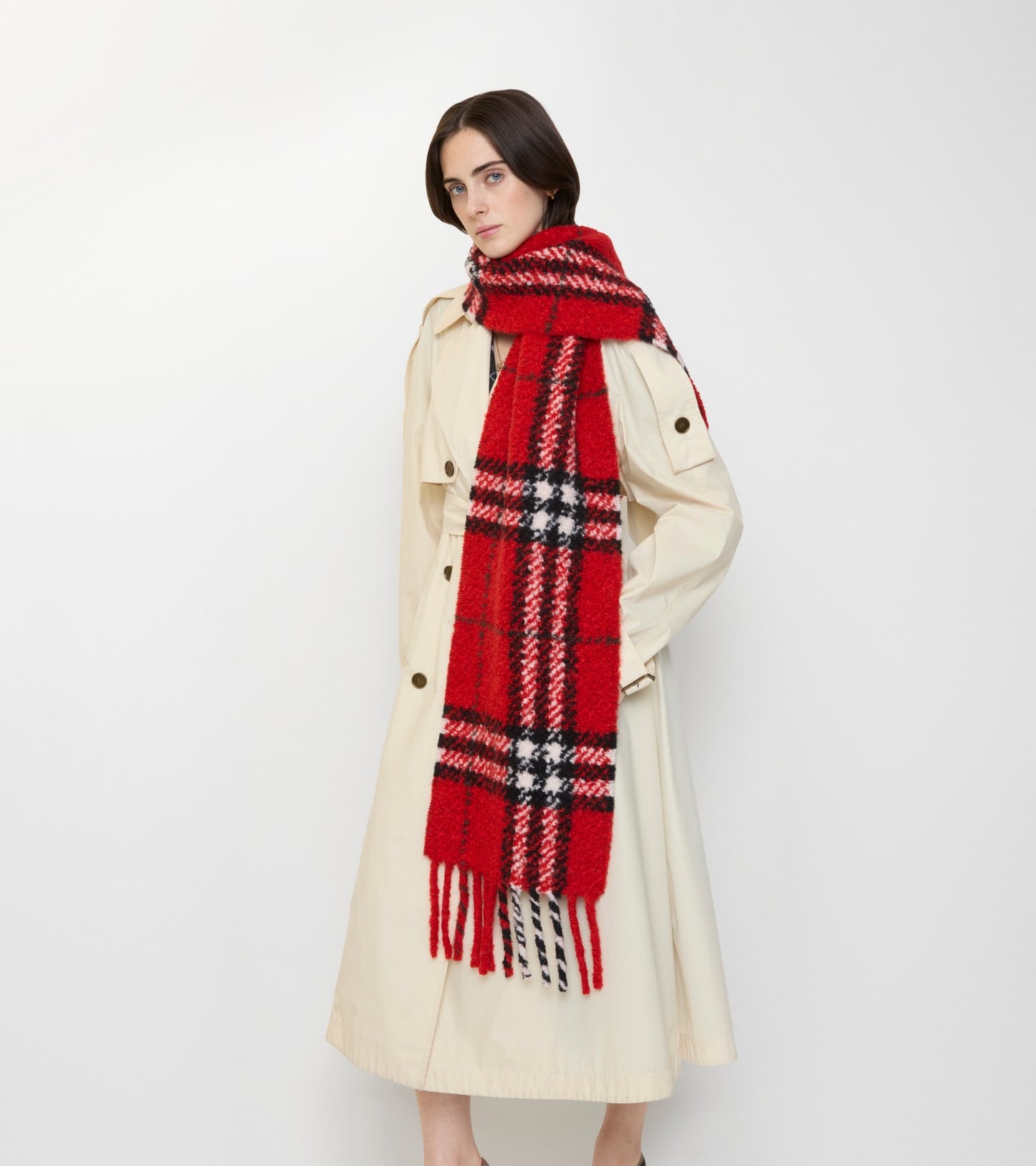 Check Alpaca Wool Blend Bouclé Scarf in Post red