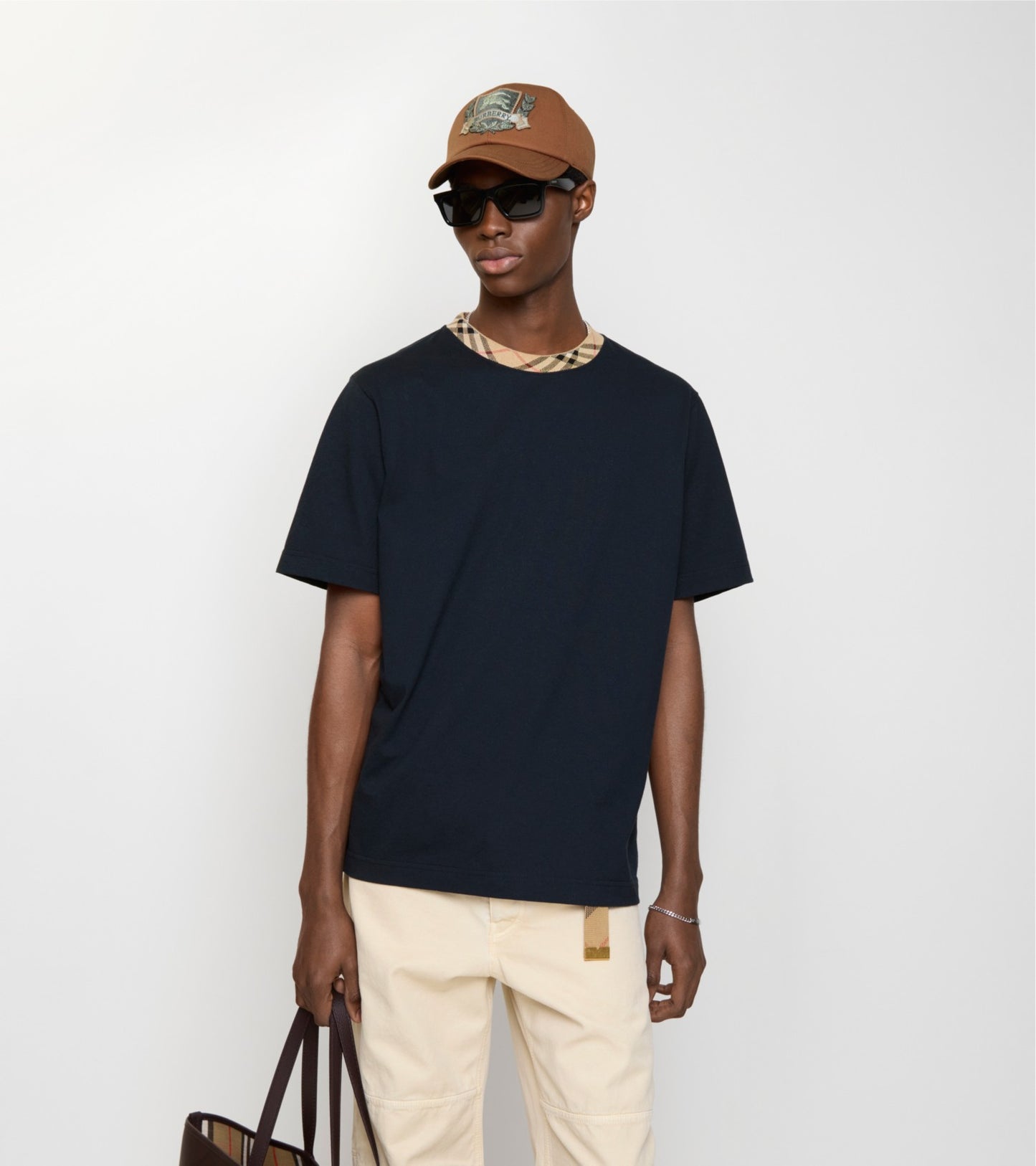 Check Trim Cotton T-shirt in Navy