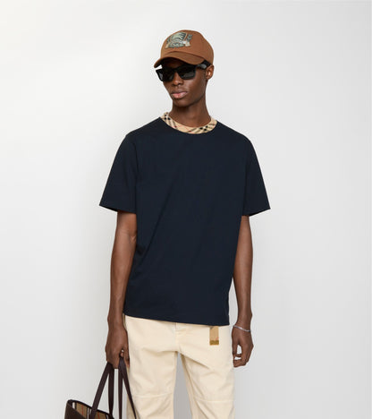 Check Trim Cotton T-shirt in Navy
