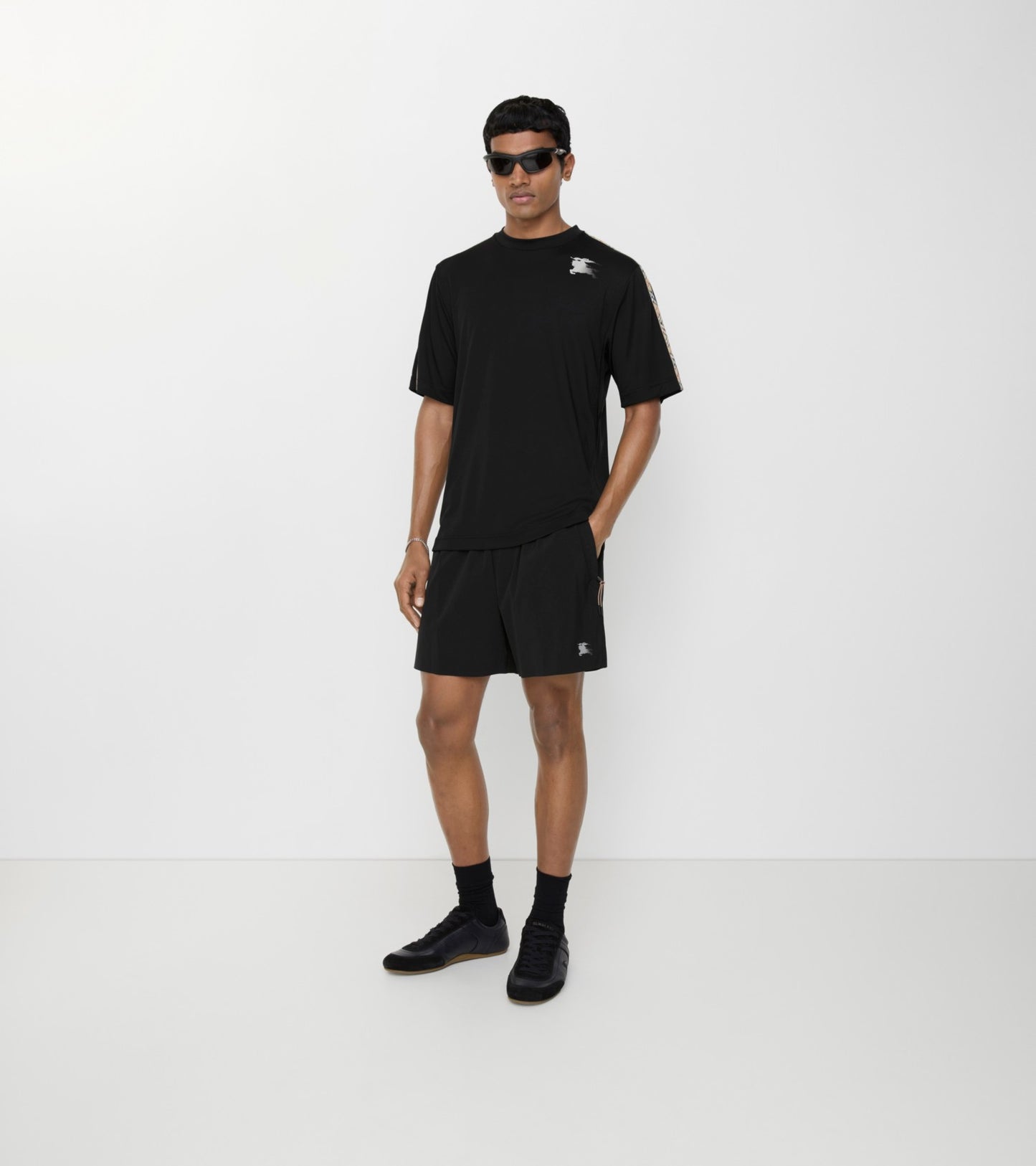 Check Trim Stretch Nylon Shorts in Black