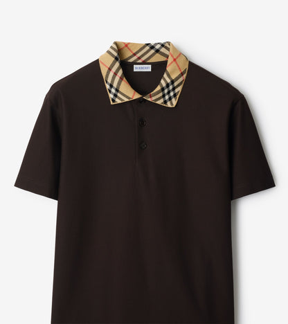 Check Collar Cotton Polo Shirt in Clove brown