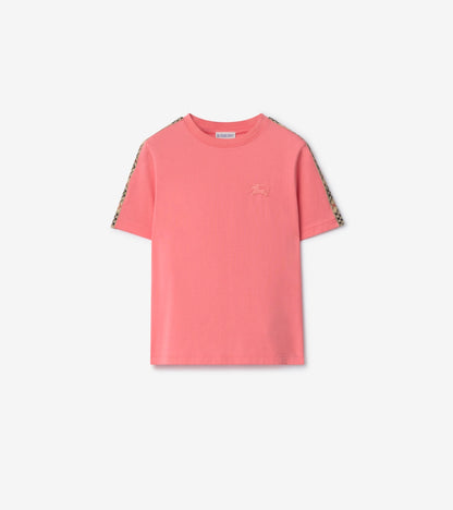 Check Trim Cotton T-shirt in Pale hibiscus pink