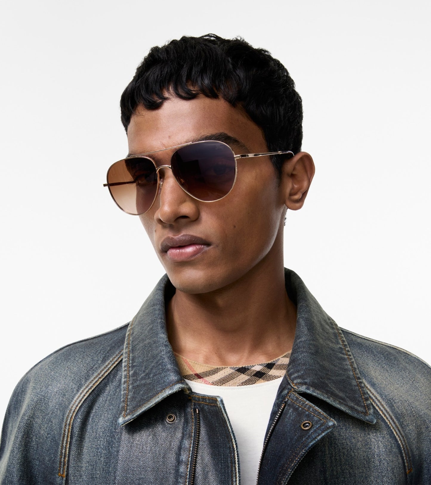 Metal Check Aviator Sunglasses in Light gold