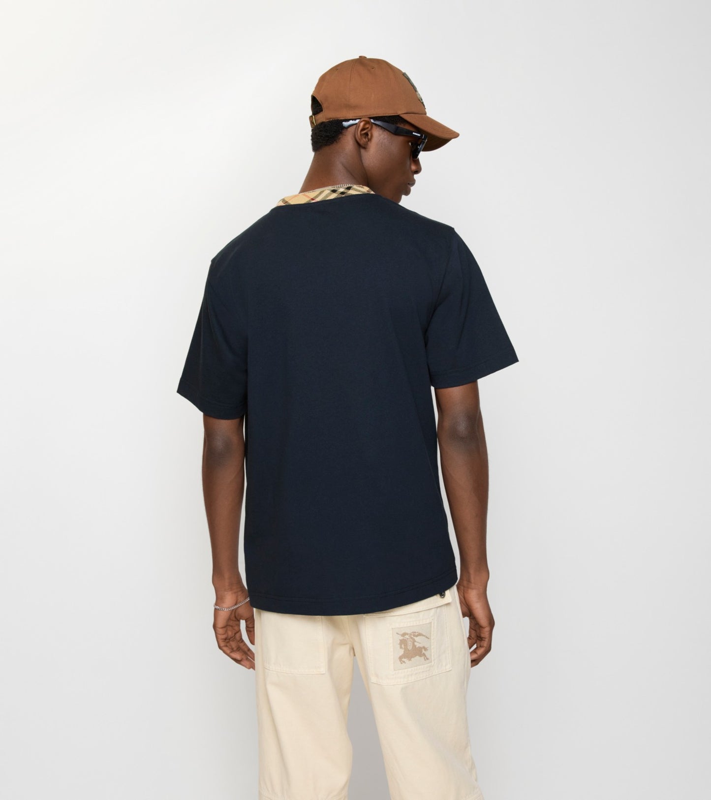 Check Trim Cotton T-shirt in Navy