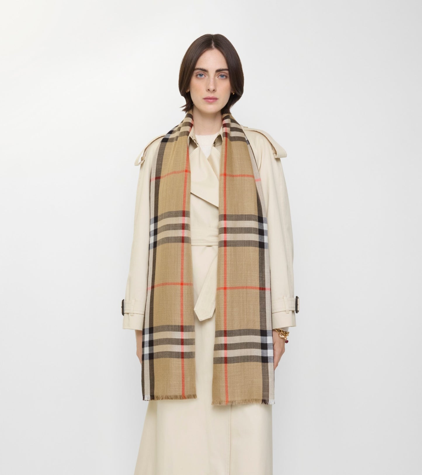 Reversible Check Wool Silk Scarf in Sand beige/vole brown