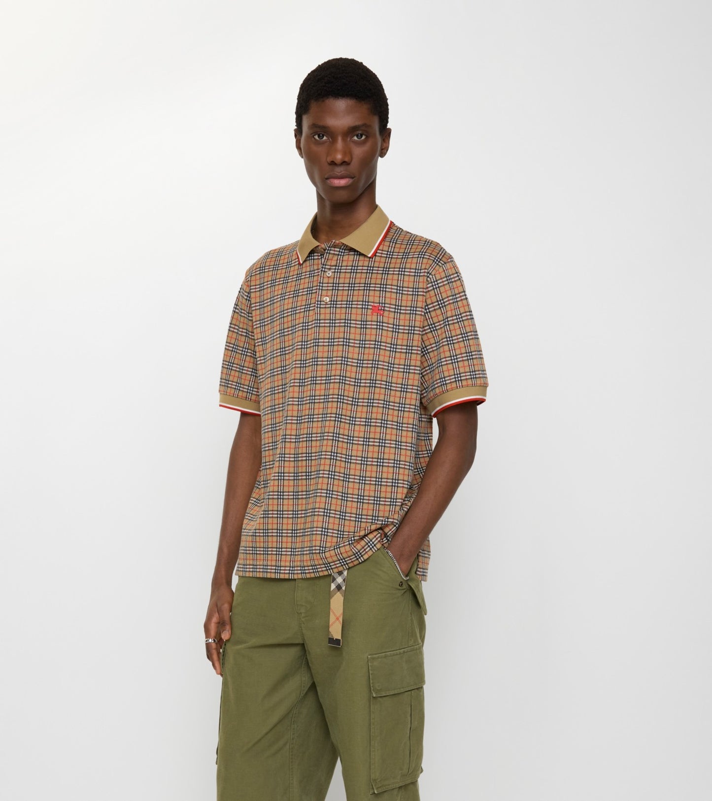 Check Cotton Blend Polo Shirt in Sand beige