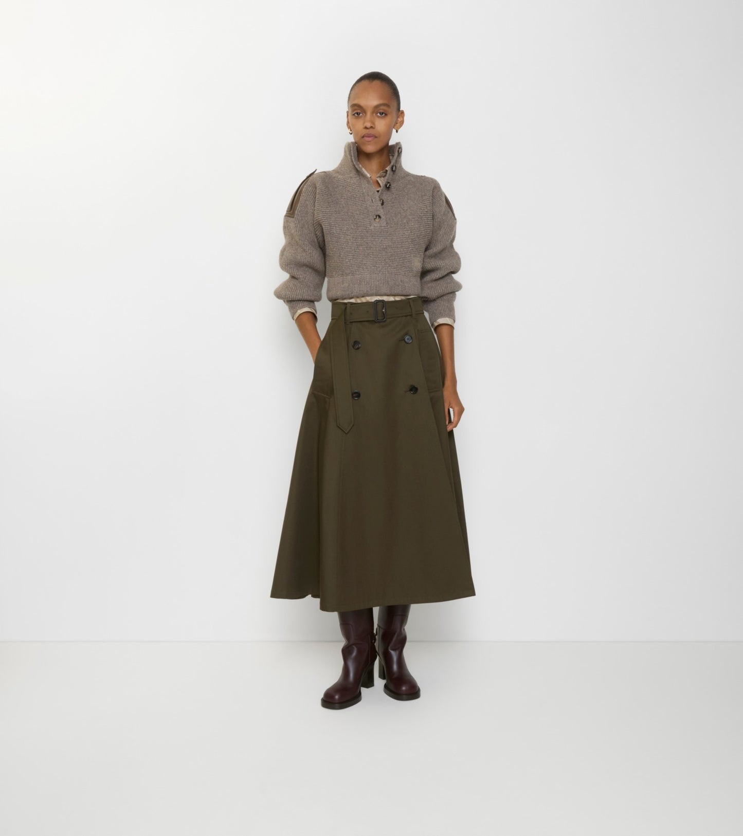 Gabardine Trench Midi Skirt in Juniper green