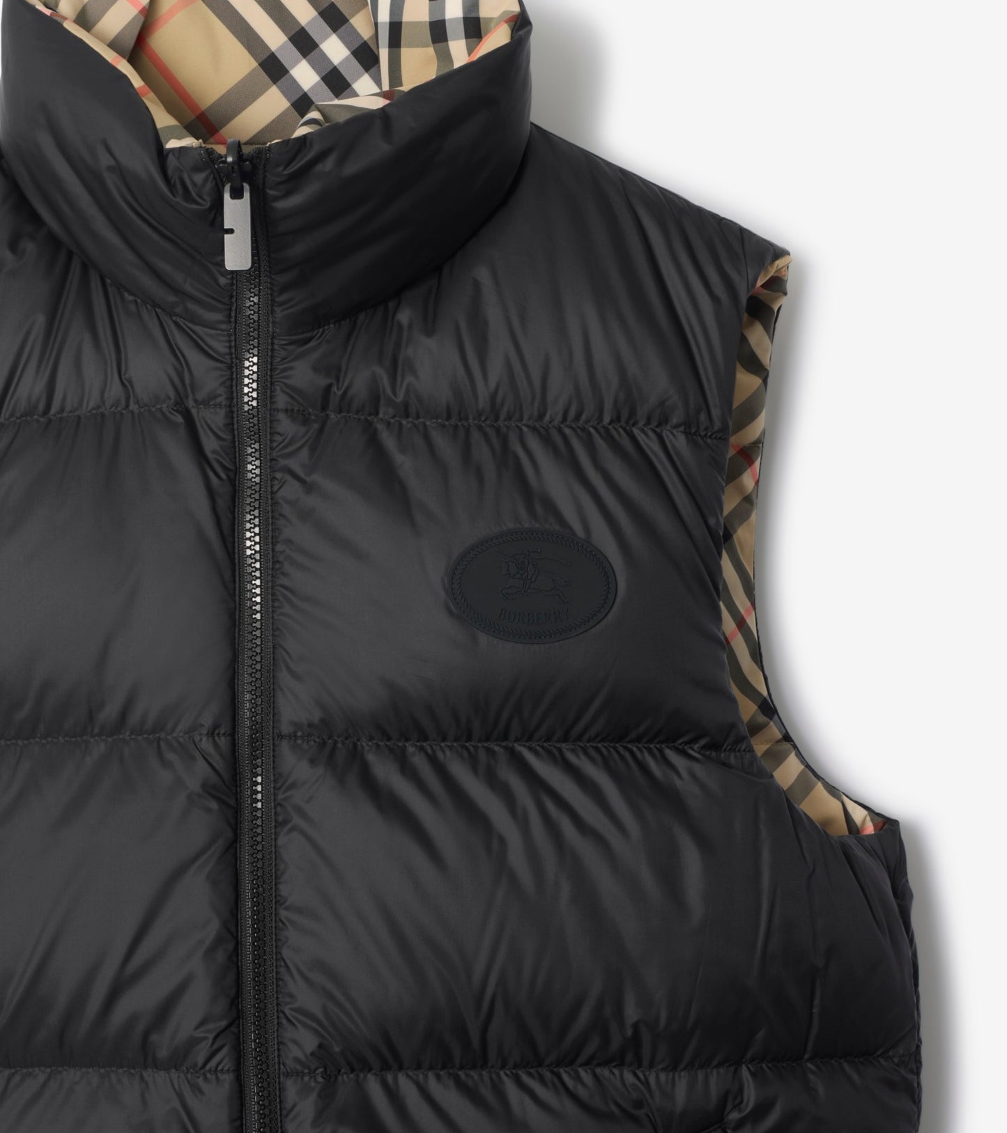 Reversible Check Puffer Gilet in Sand beige