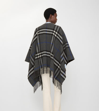 Contrast Check Cashmere Wool Cape in Marlborough grey/charcoal grey