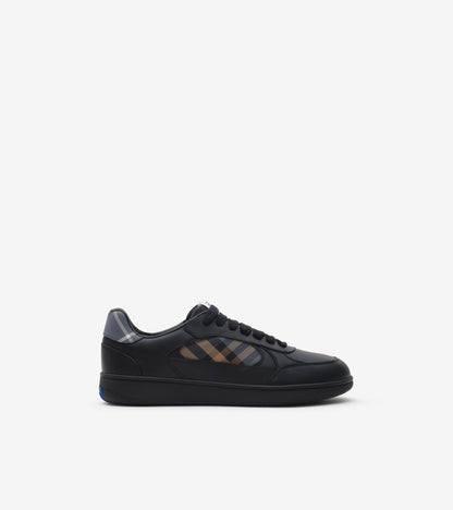 Leather and Check Terrace Sneakers in Black/wave blue
