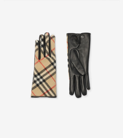 Check Wool Cashmere Gloves in Sand beige