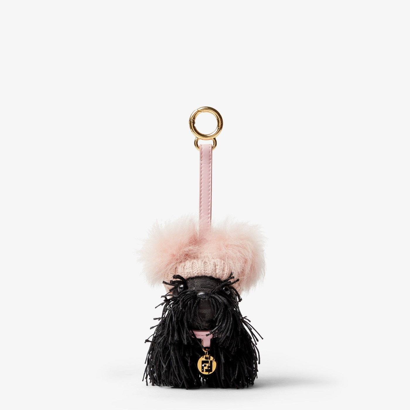 Fendi Penny Charm Black FF jacquard fabric and pink shearling charm