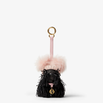 Fendi Penny Charm Black FF jacquard fabric and pink shearling charm