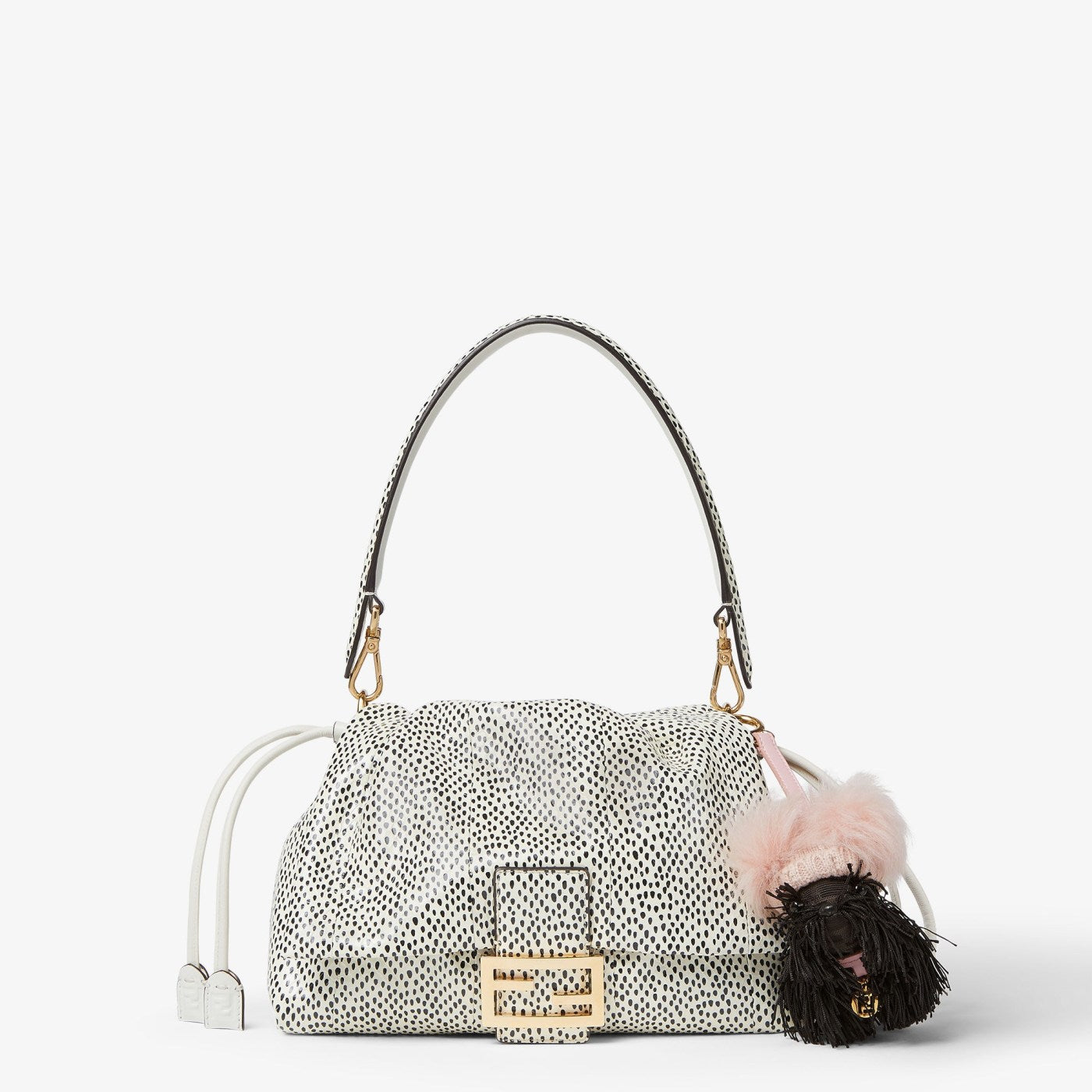 Fendi Penny Charm Black FF jacquard fabric and pink shearling charm
