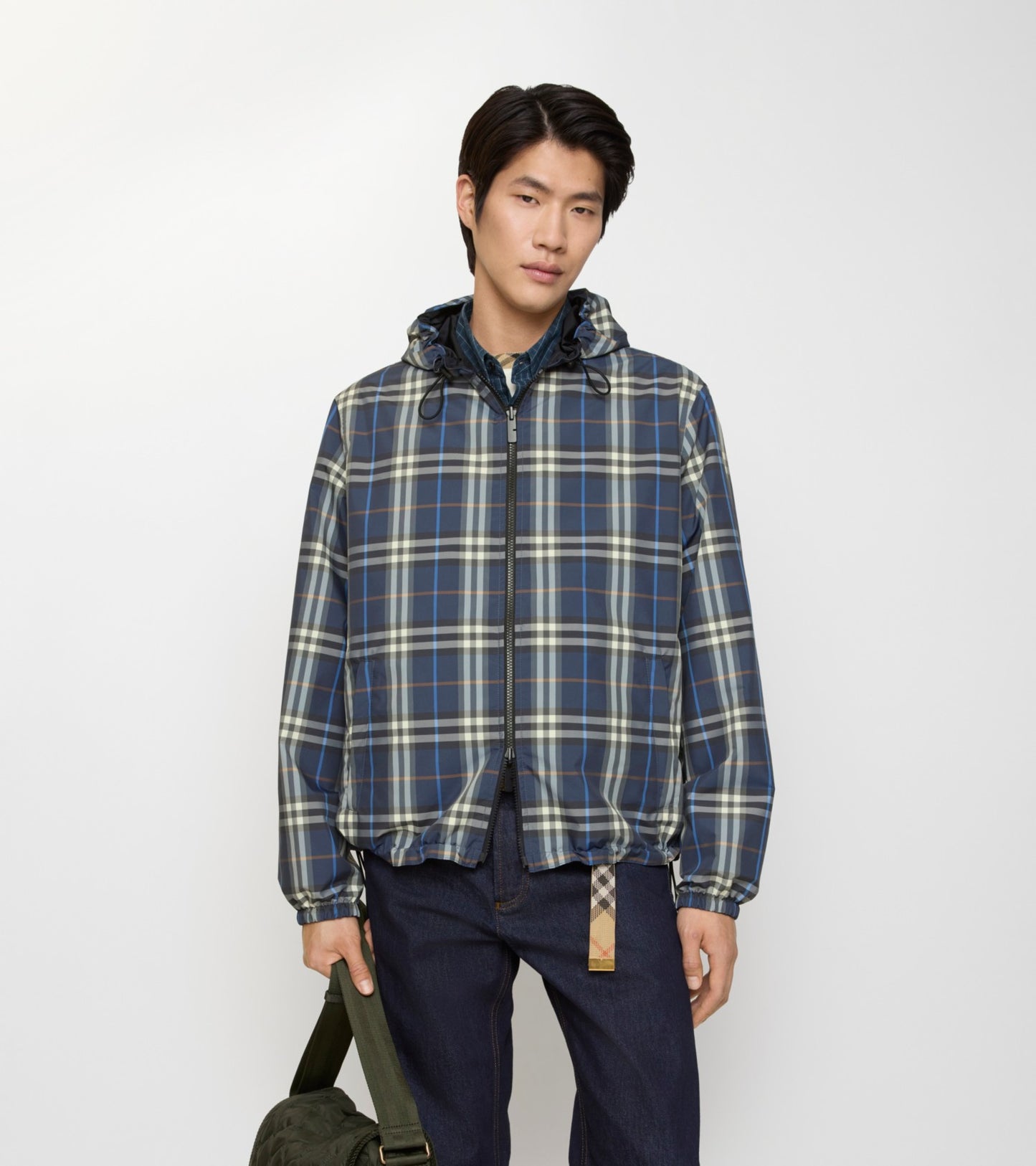 Reversible Check Newport Hooded Jacket in Pilot blue