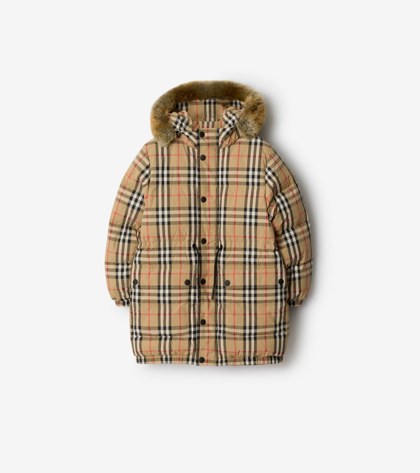 Faux Fur Trim Check Nylon Puffer Coat in Sand beige