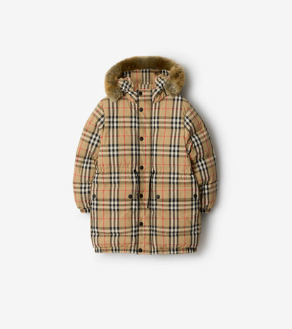Faux Fur Trim Check Nylon Puffer Coat in Sand beige