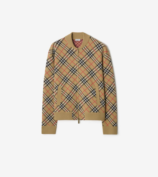 Check Cotton Wool Bomber Jacket in Sand beige