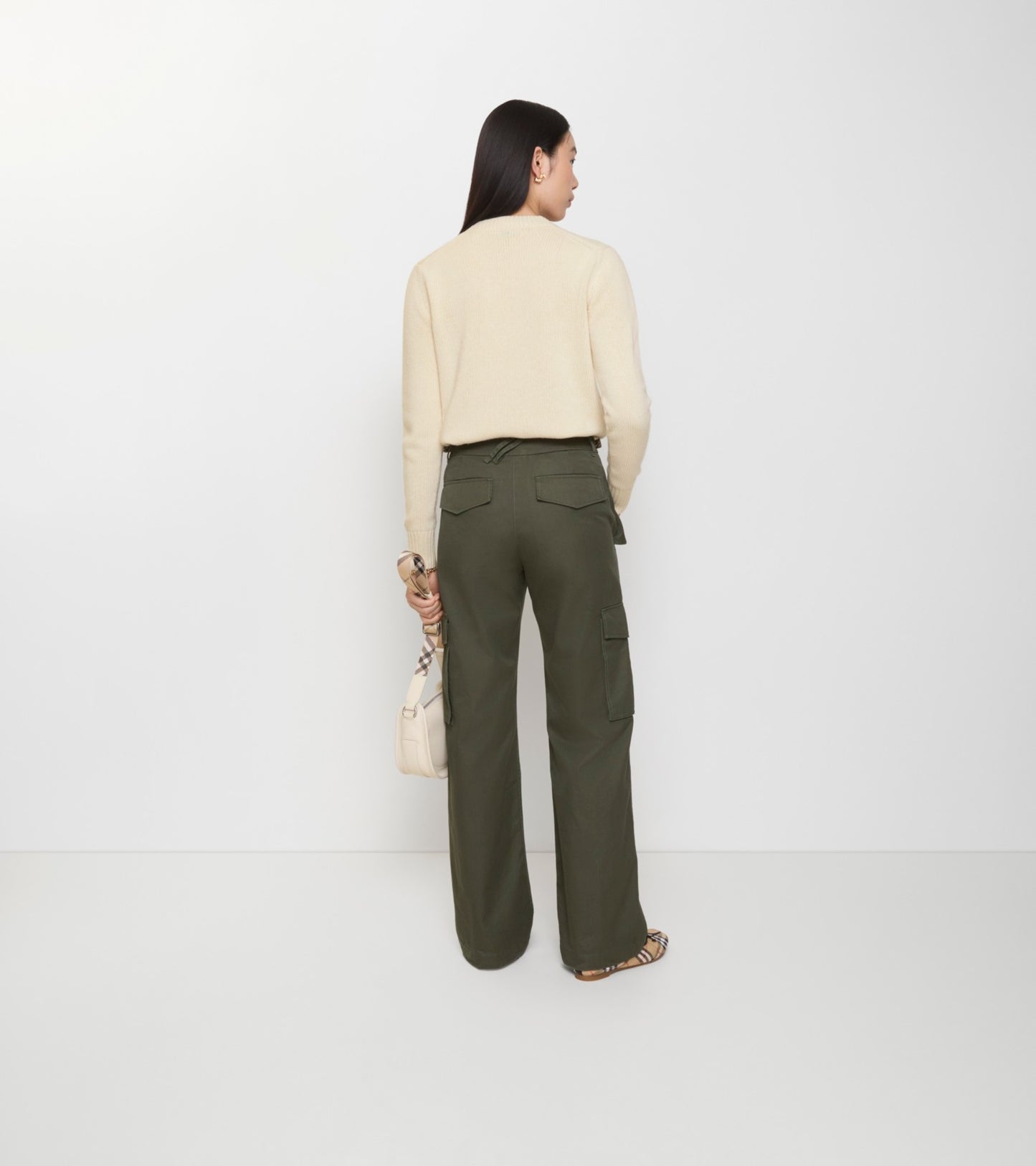 Check Trim Gabardine Cargo Trousers in Marrow green