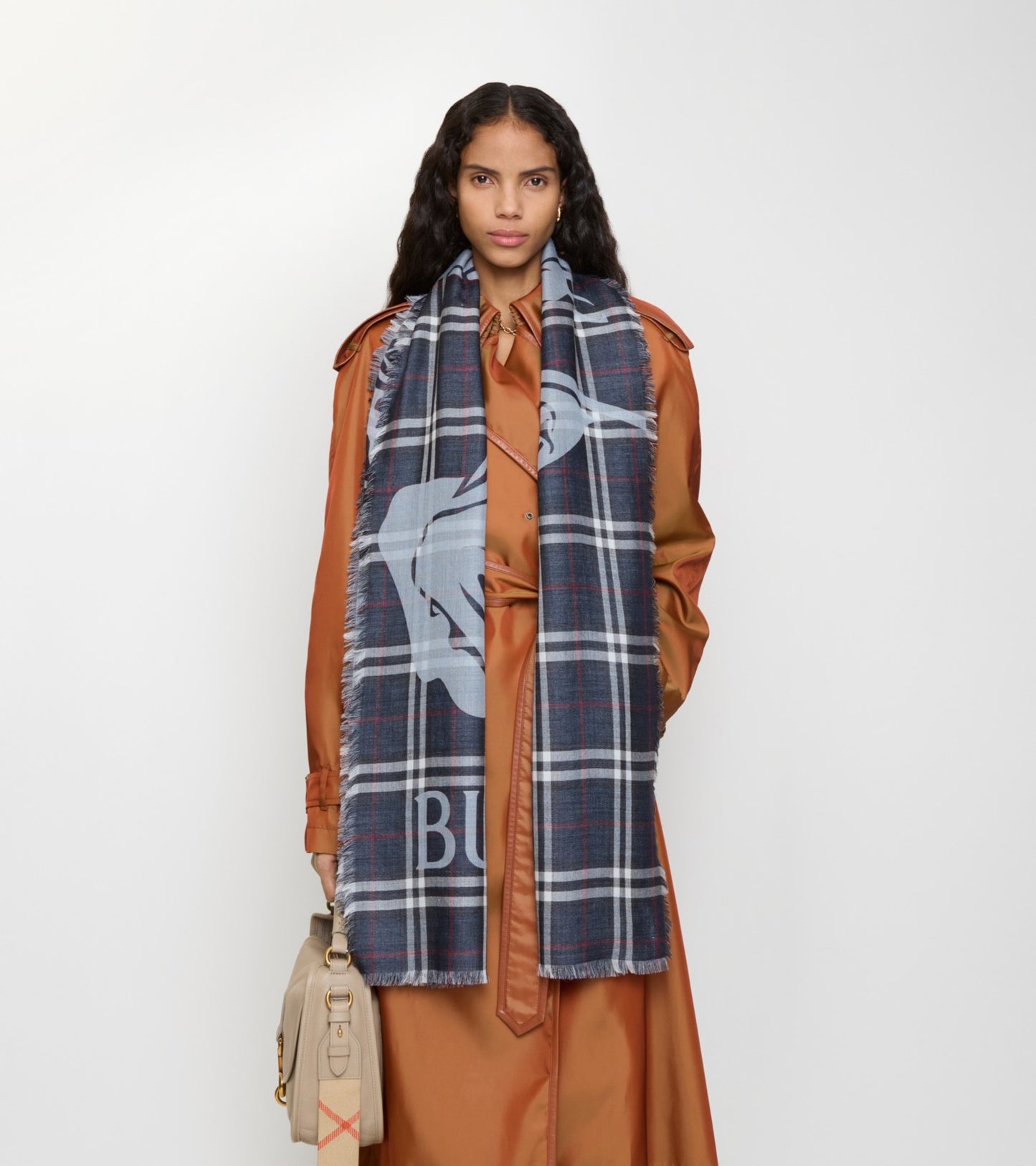 Wide Knight Check Wool Silk Scarf in Ink blue