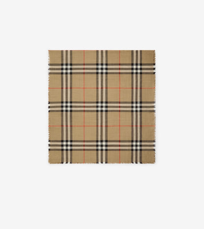 Reversible Check Wool Silk Scarf in Sand beige/vole brown