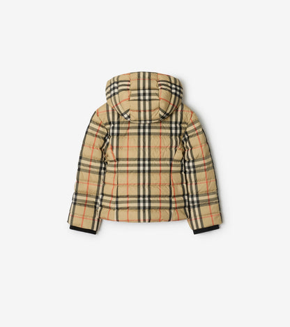 Check Hooded Puffer Jacket in Sand beige