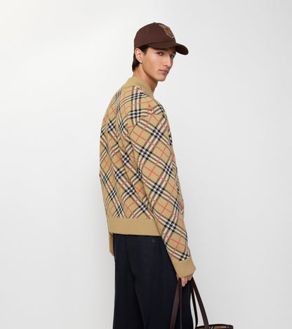 Check Cotton Wool Bomber Jacket in Sand beige