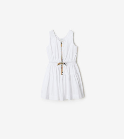 Check Trim Cotton Dress in White