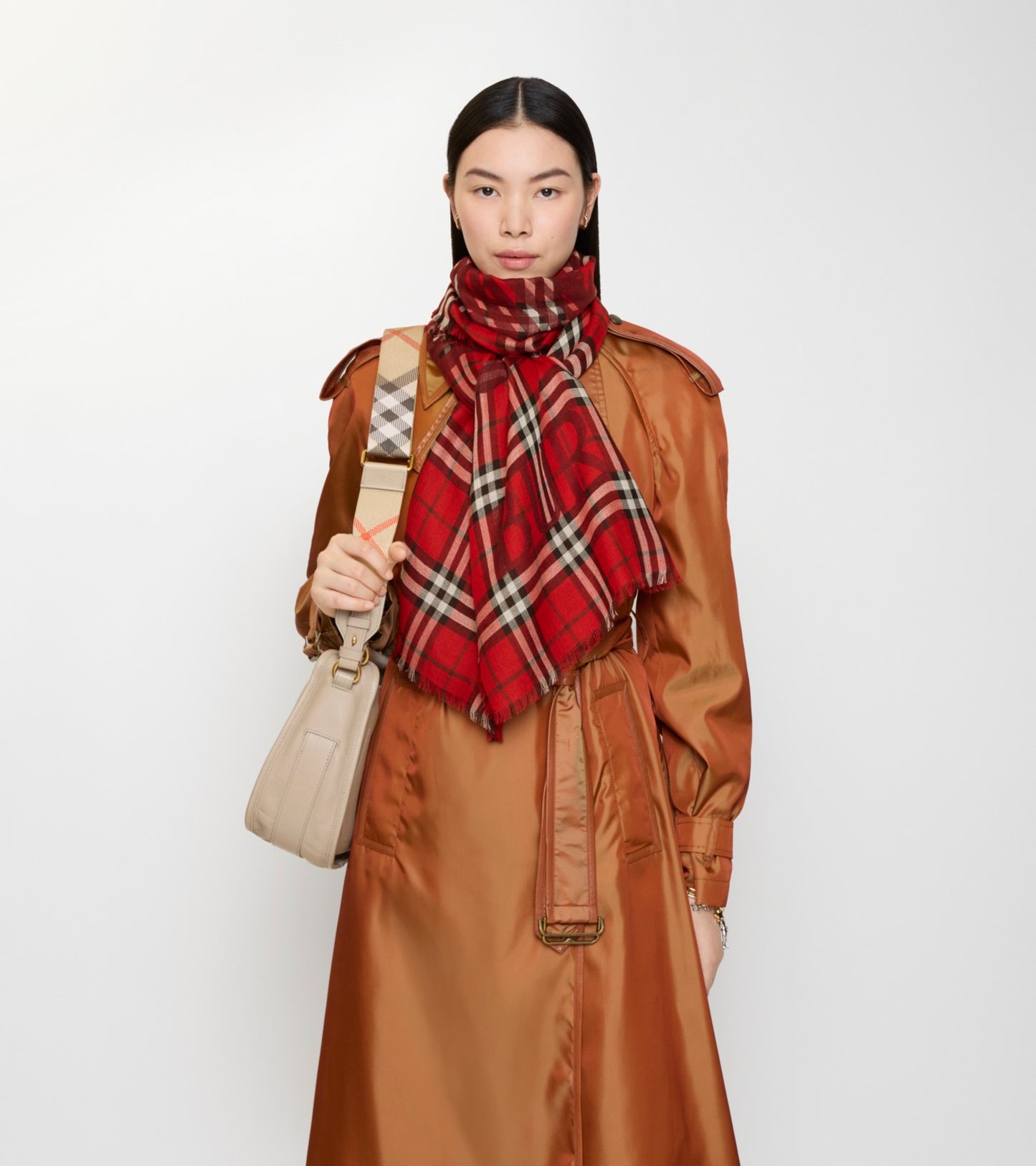 Wide Knight Check Wool Silk Scarf in Post red