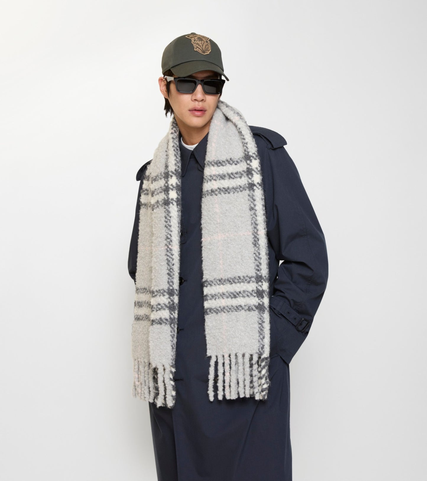 Check Alpaca Wool Blend Bouclé Scarf in Mitten grey
