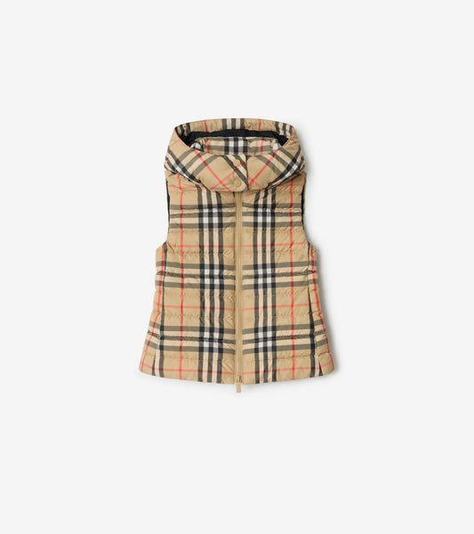 Check Hooded Puffer Gilet in Sand beige
