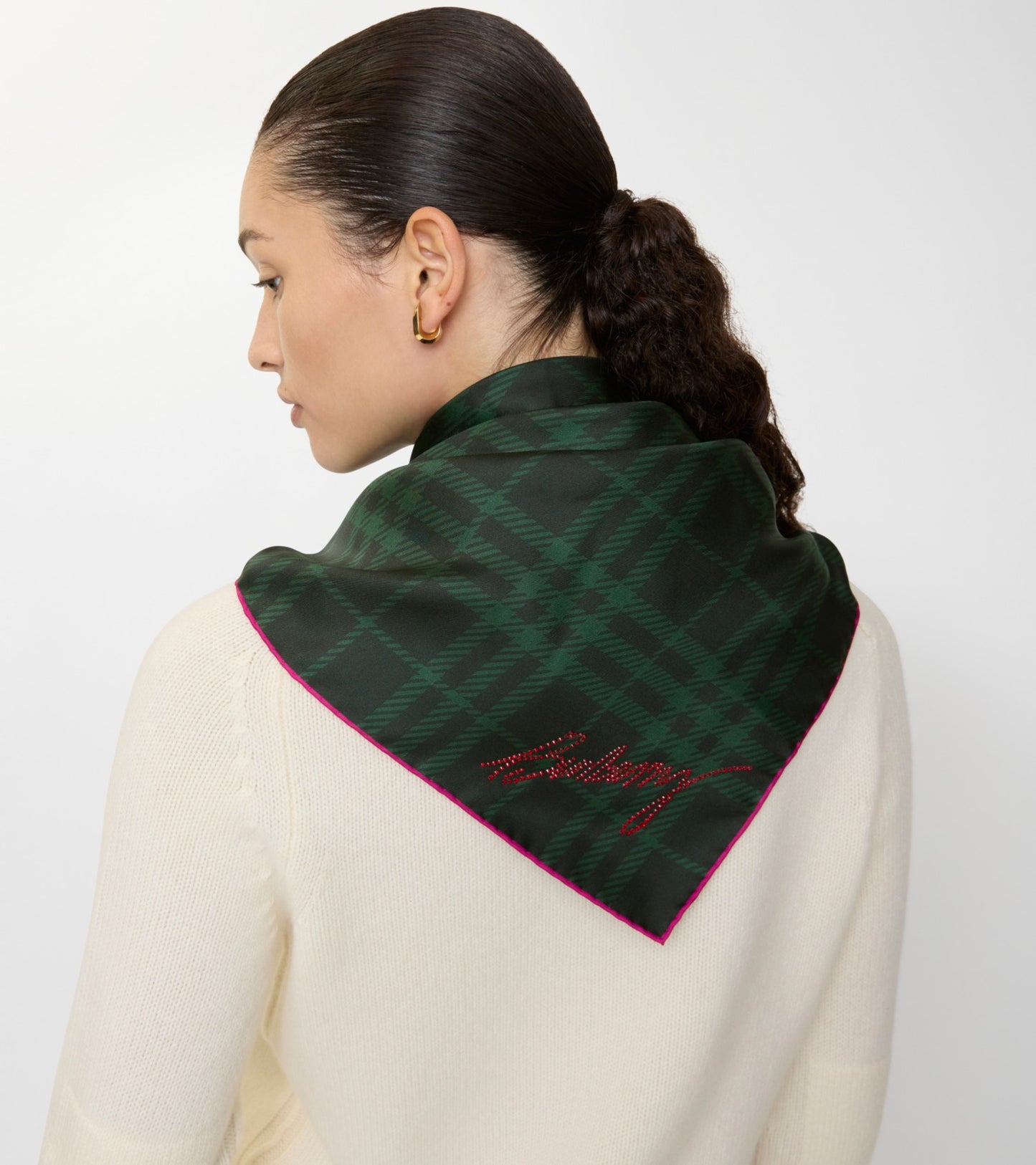 Crystal Knight Check Silk Scarf in Brigade green