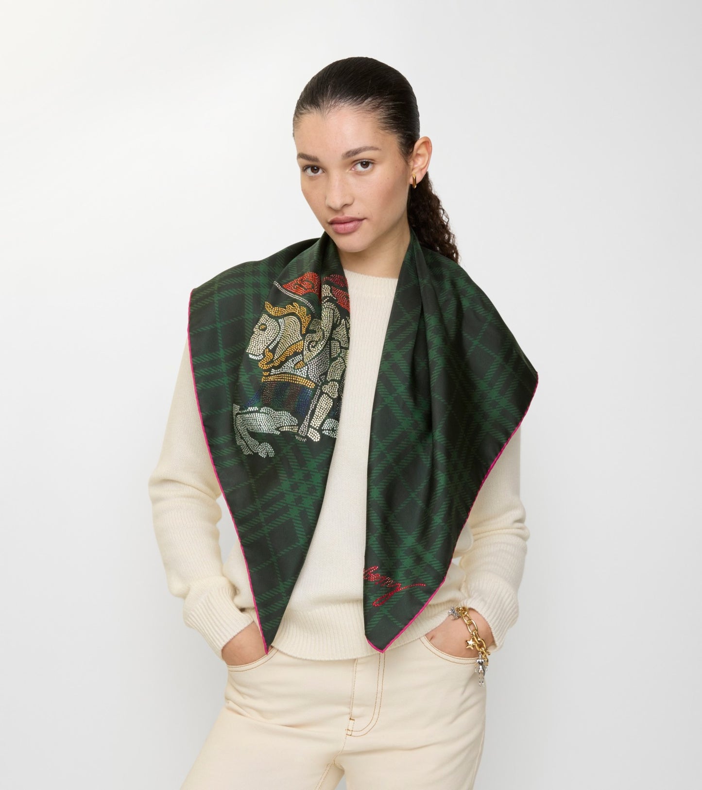 Crystal Knight Check Silk Scarf in Brigade green
