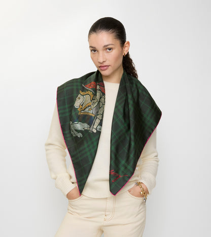 Crystal Knight Check Silk Scarf in Brigade green