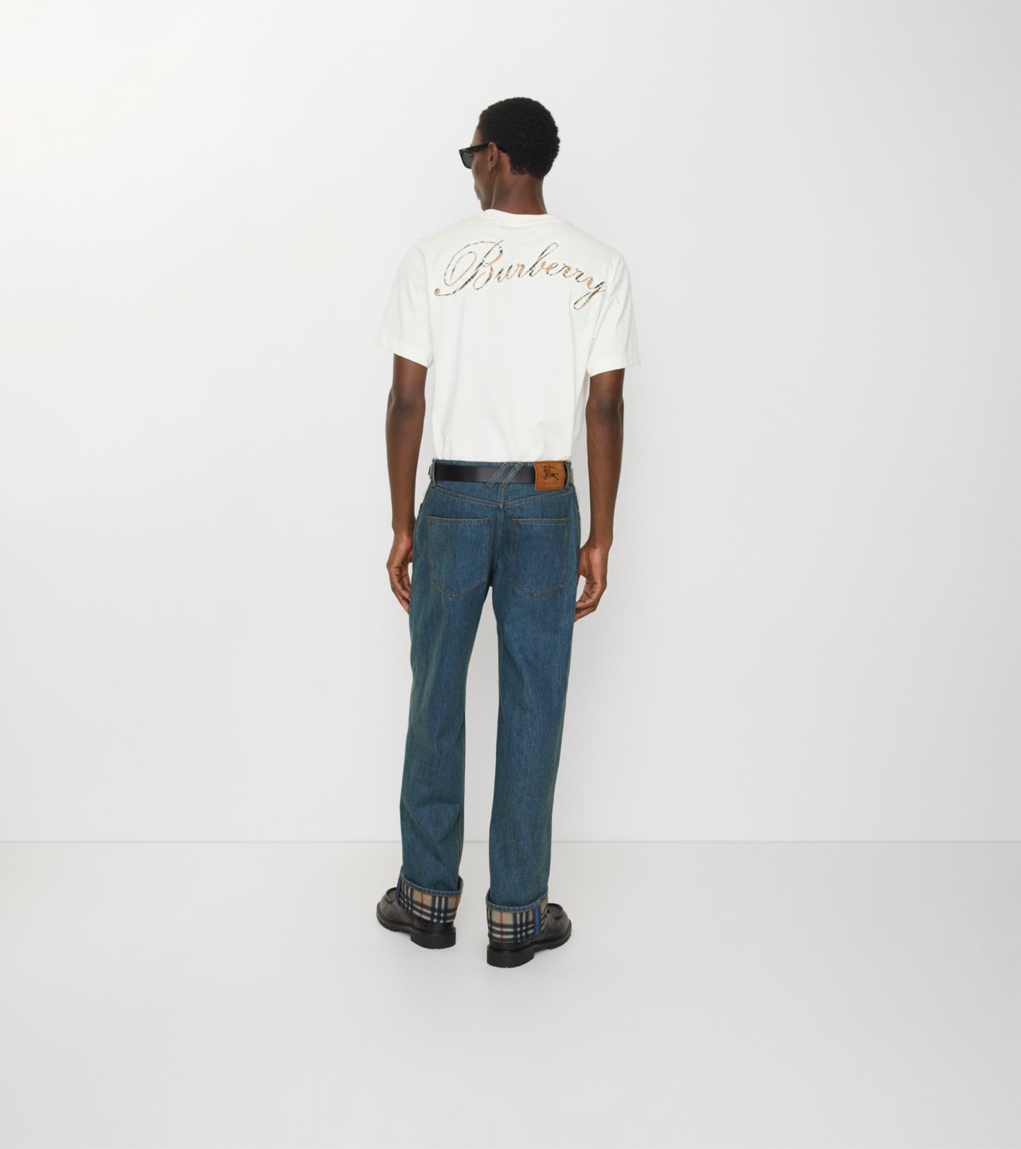 Straight Check Turn-up Jeans in Mid blue