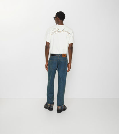 Straight Check Turn-up Jeans in Mid blue