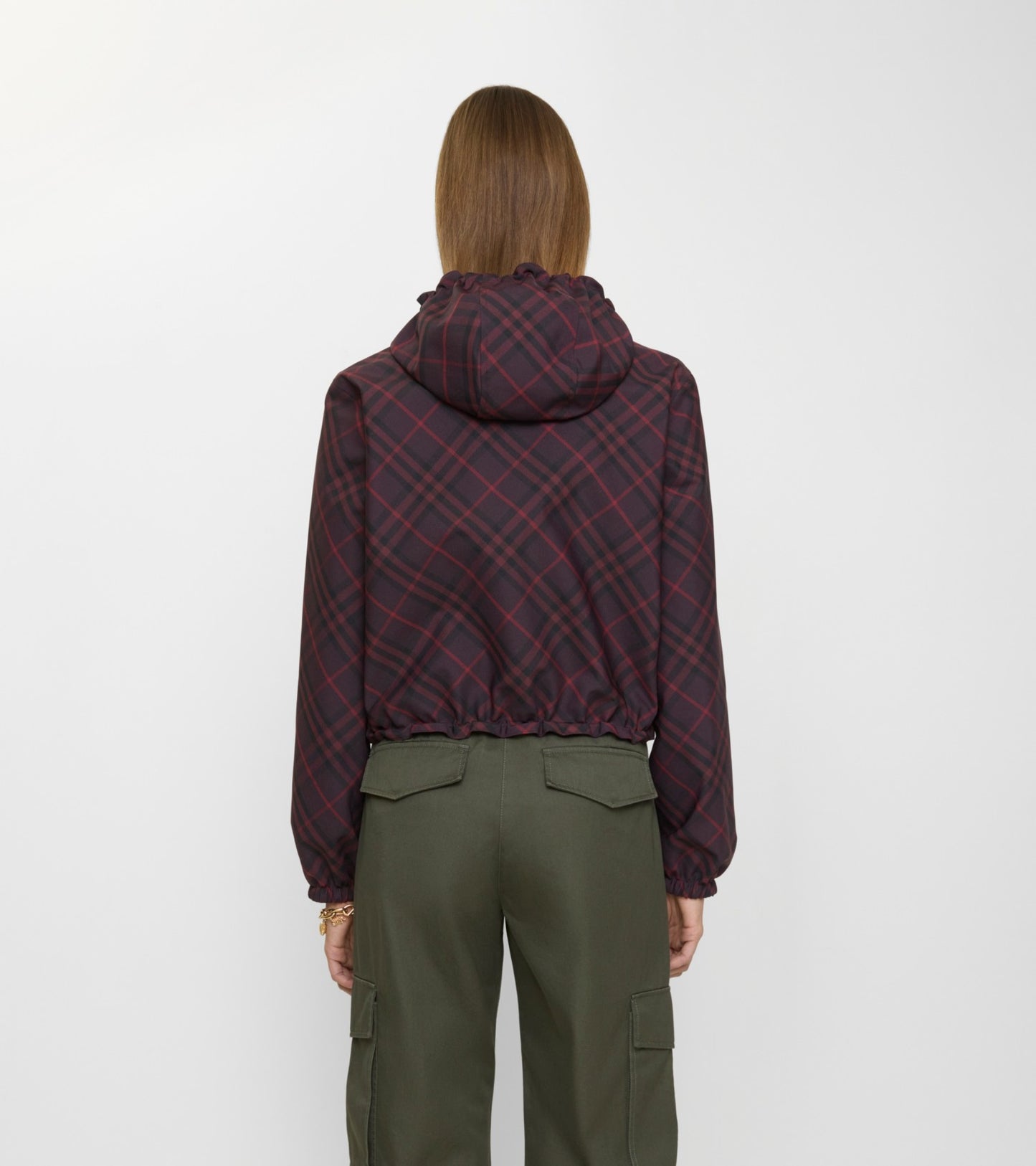 Cropped Reversible Check Hooded Jacket in Wine red