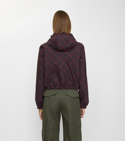 Cropped Reversible Check Hooded Jacket in Wine red