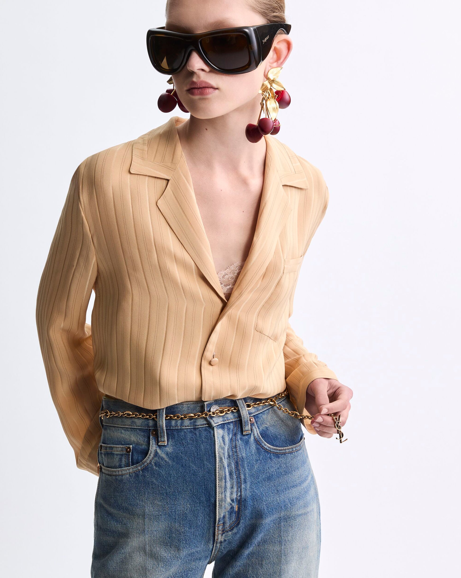 pajama top in striped silk