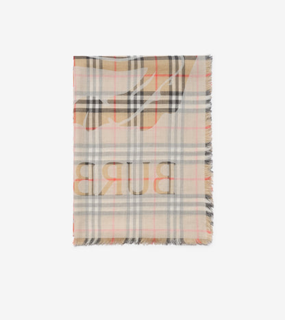 Wide Knight Check Wool Silk Scarf in Sand beige