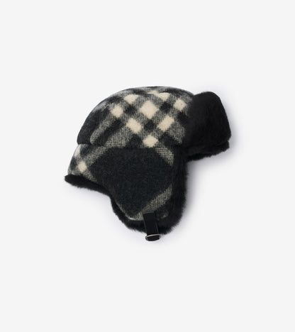 Check Wool Trapper Hat in Black