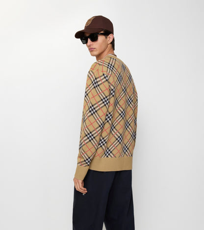 Check Cotton Wool Sweater in Sand beige