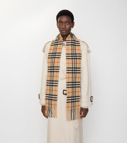 Narrow Check Cashmere Scarf in Sand beige