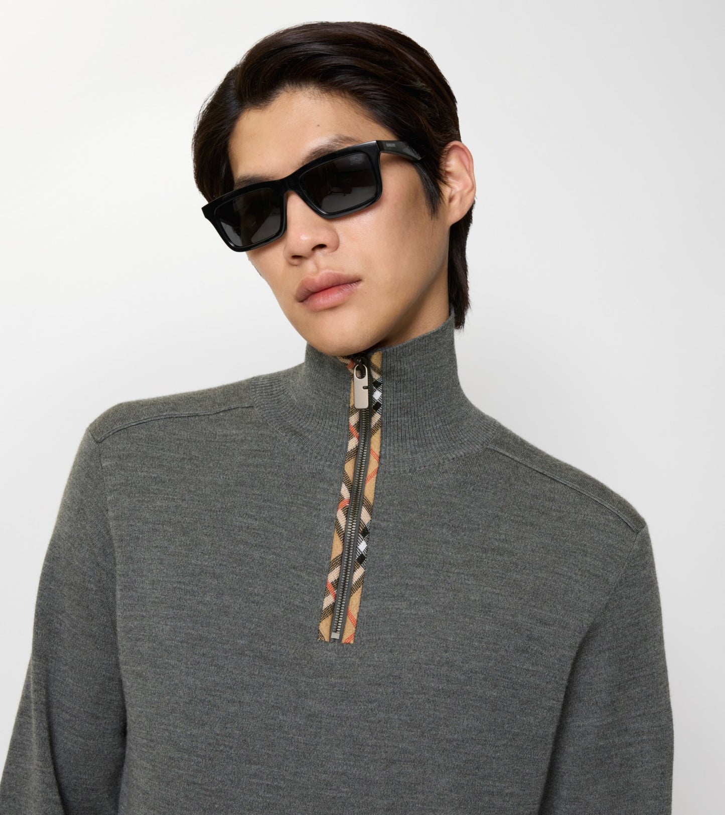 Check Trim Wool Half-zip Sweater in Grey