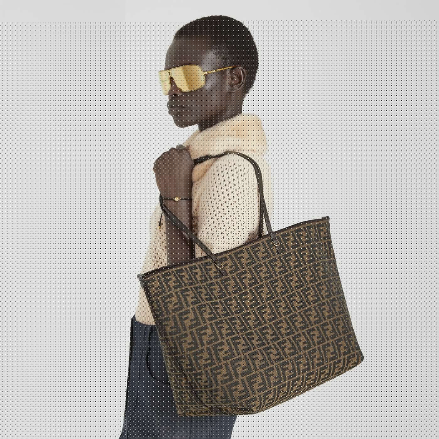 Roll Large Tobacco brown FF jacquard and striped Pequin fabric shopper
