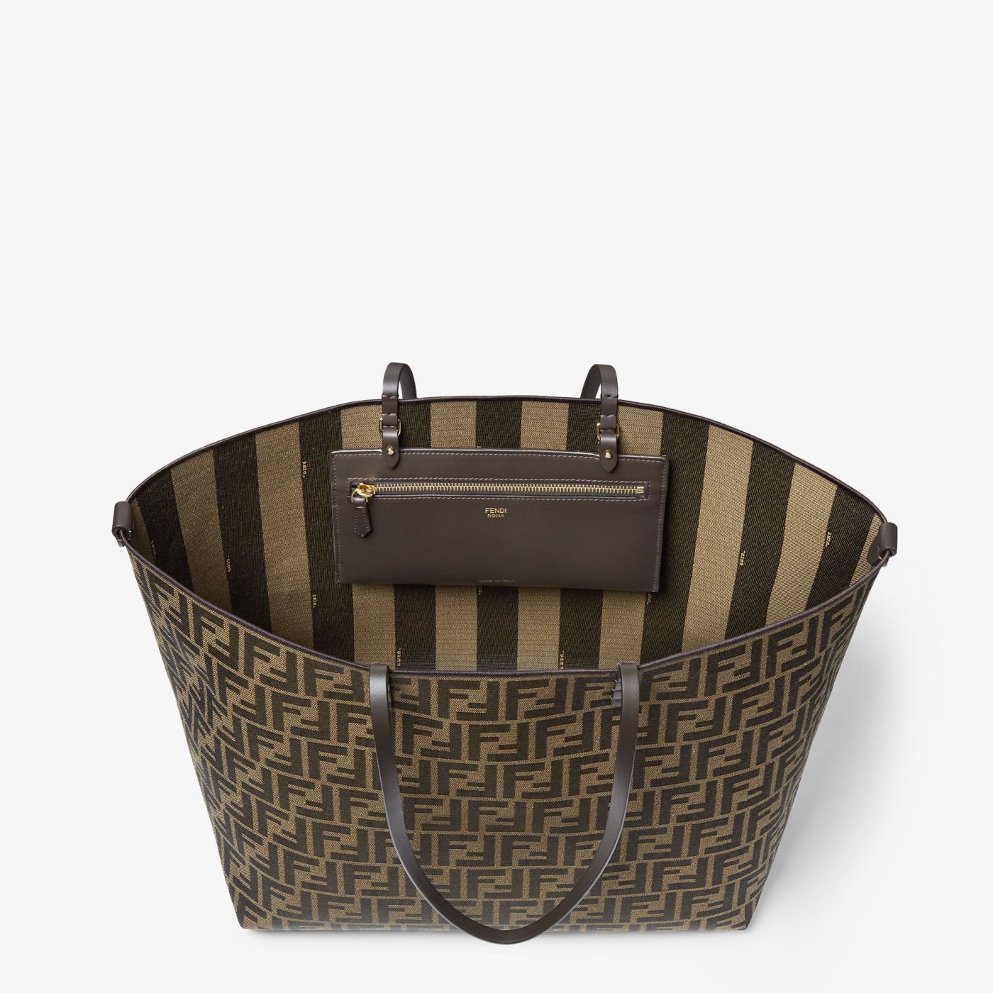 Roll Large Tobacco brown FF jacquard and striped Pequin fabric shopper