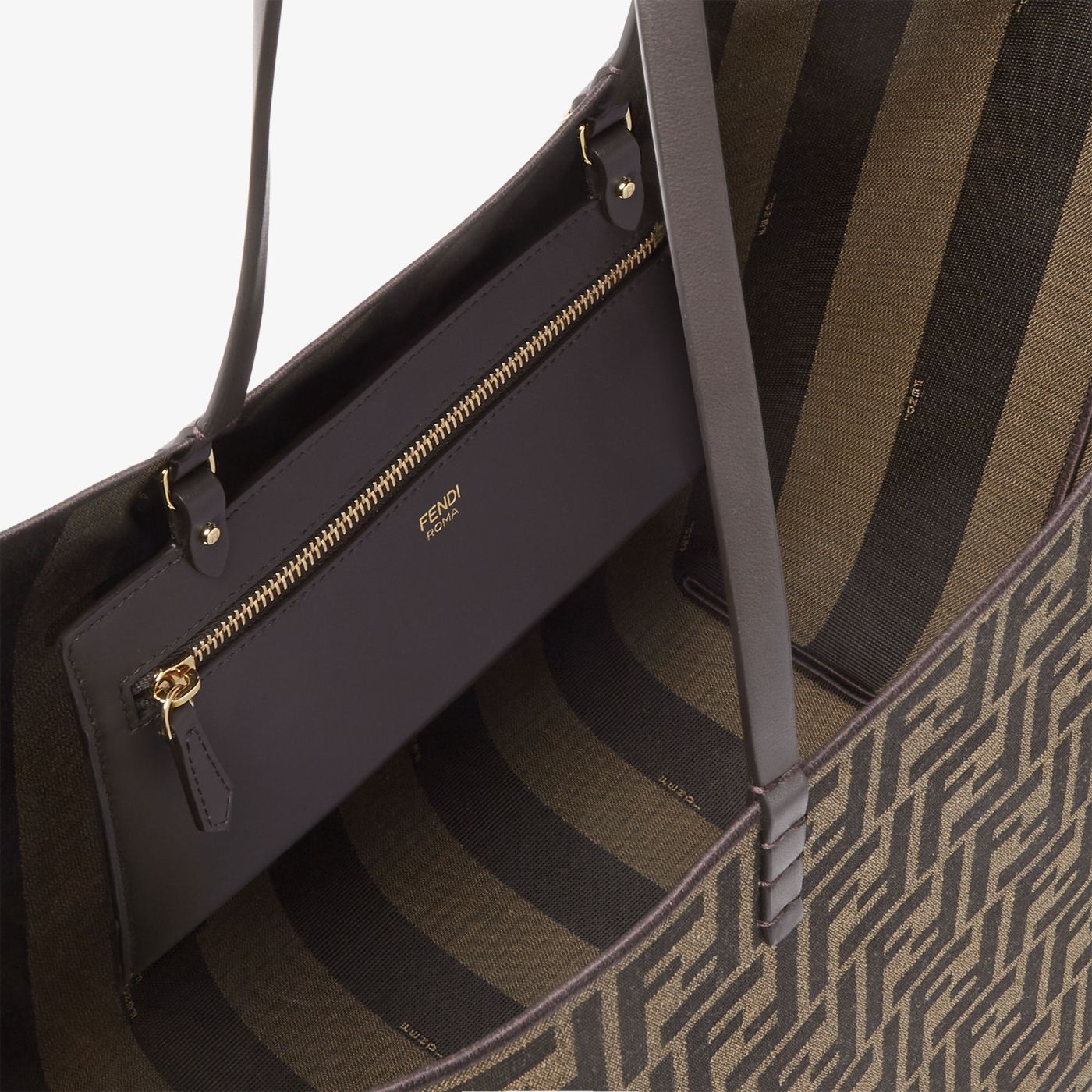 Roll Large Tobacco brown FF jacquard and striped Pequin fabric shopper