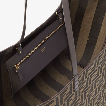 Roll Large Tobacco brown FF jacquard and striped Pequin fabric shopper