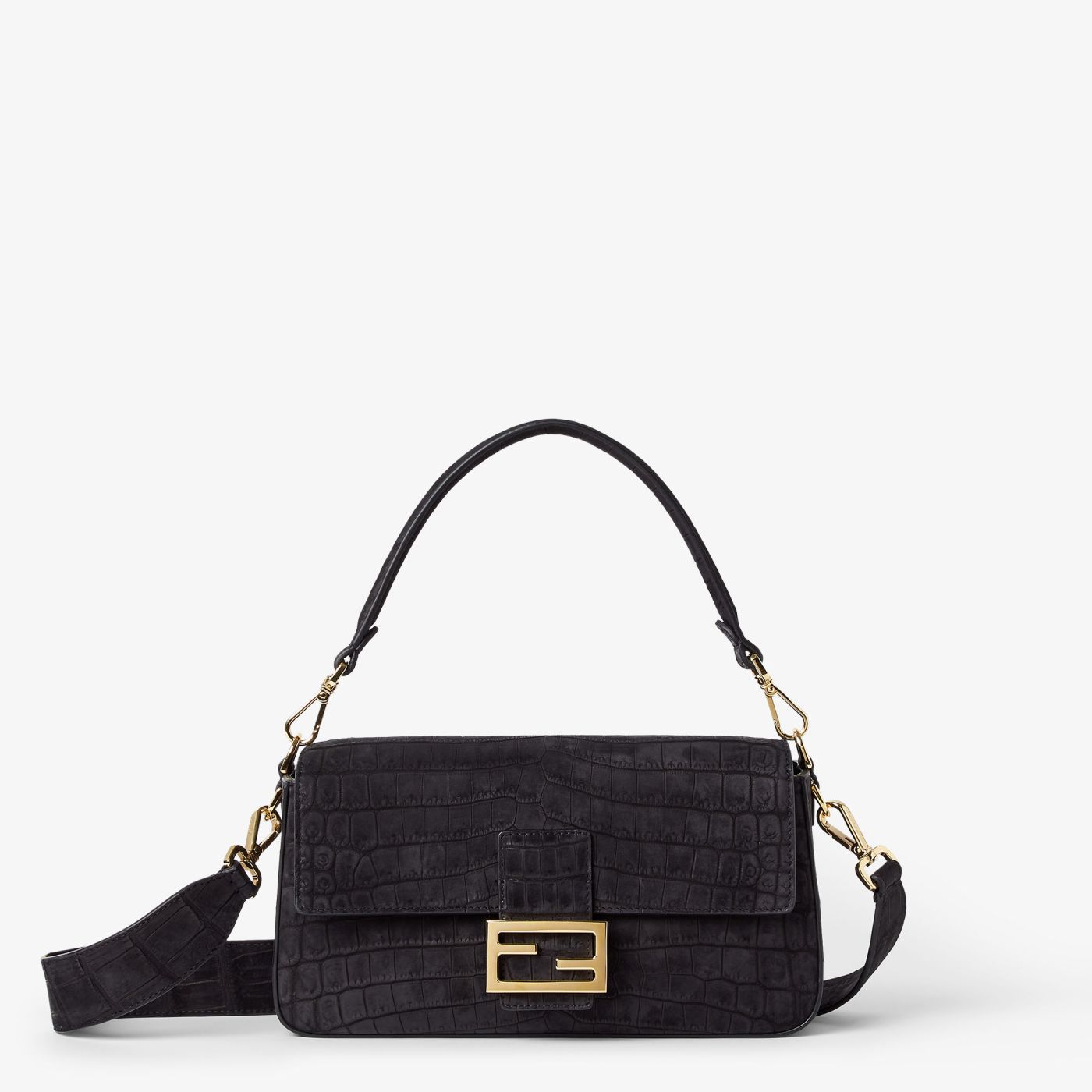 Baguette Black nubuck crocodile leather bag